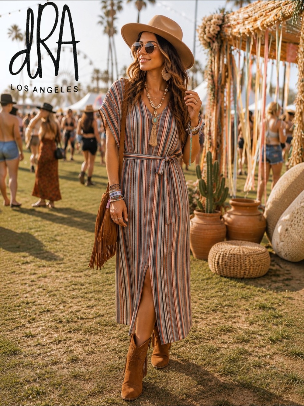 dRA Los Angeles Striped Belted Midi Dress Pullover Sleeveless Boho Coastal Small